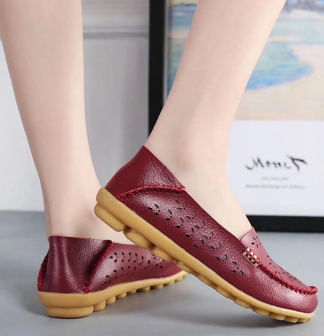 Womens Cowhide Casual Slipper Loafers Moccasin Driving Shoes Flat Slip-Ons