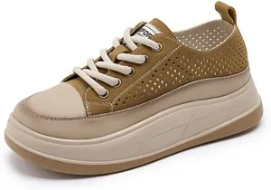 Women'S Genuine Leather Mesh Cutout Lace-Up Thick Sole Sneakers Comfortable Soft Chunky Increase Height Casual Sneakers Fashion Office Non-Slip Work Casual Shoes