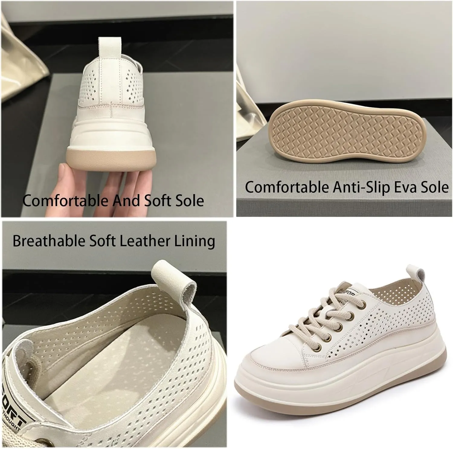 Women'S Genuine Leather Mesh Cutout Lace-Up Thick Sole Sneakers Comfortable Soft Chunky Increase Height Casual Sneakers Fashion Office Non-Slip Work Casual Shoes