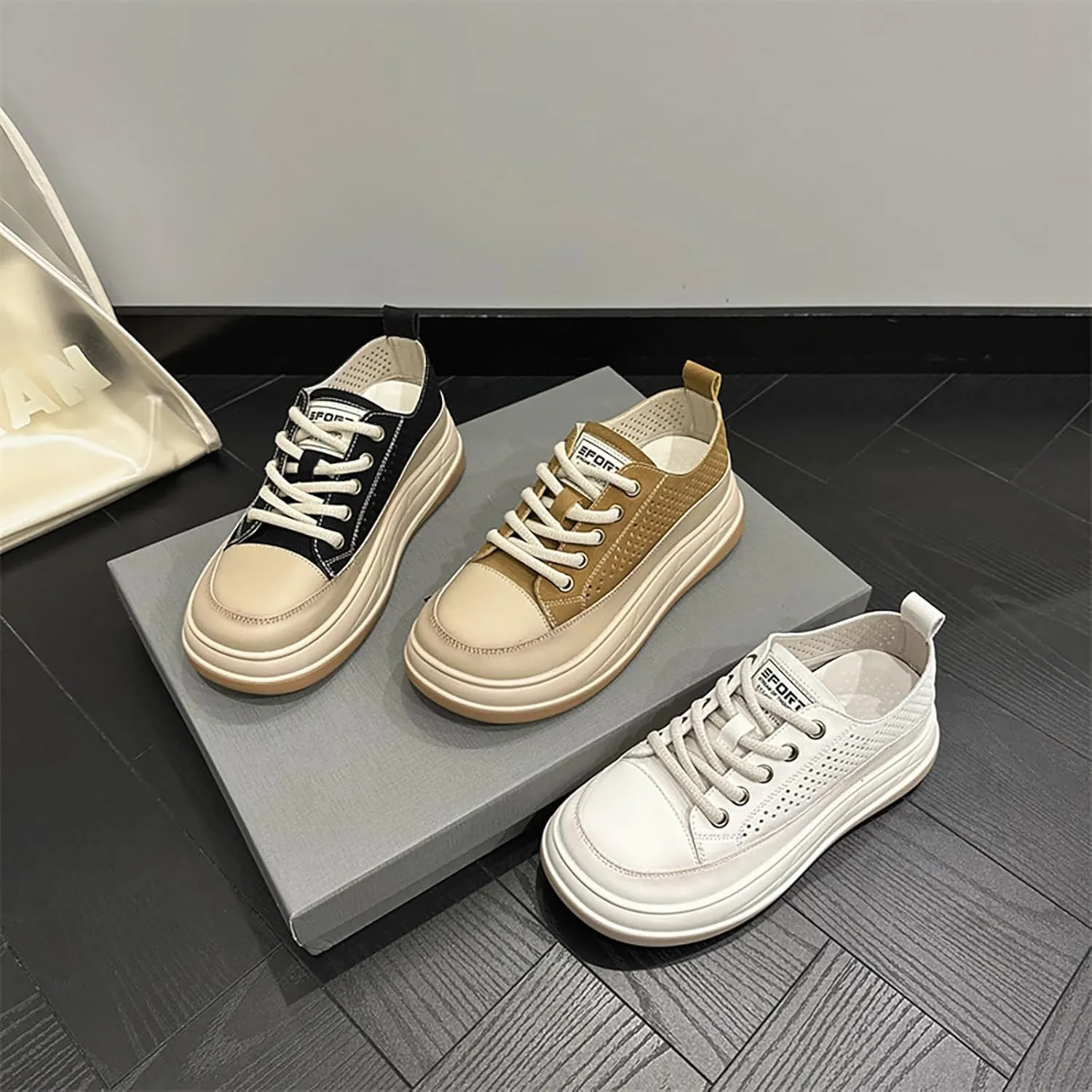 Women'S Genuine Leather Mesh Cutout Lace-Up Thick Sole Sneakers Comfortable Soft Chunky Increase Height Casual Sneakers Fashion Office Non-Slip Work Casual Shoes