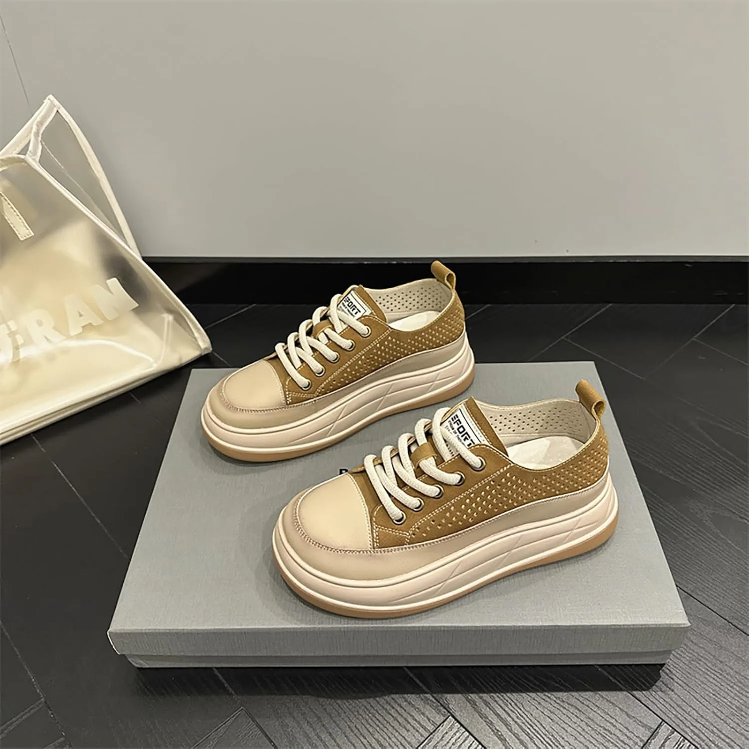 Women'S Genuine Leather Mesh Cutout Lace-Up Thick Sole Sneakers Comfortable Soft Chunky Increase Height Casual Sneakers Fashion Office Non-Slip Work Casual Shoes