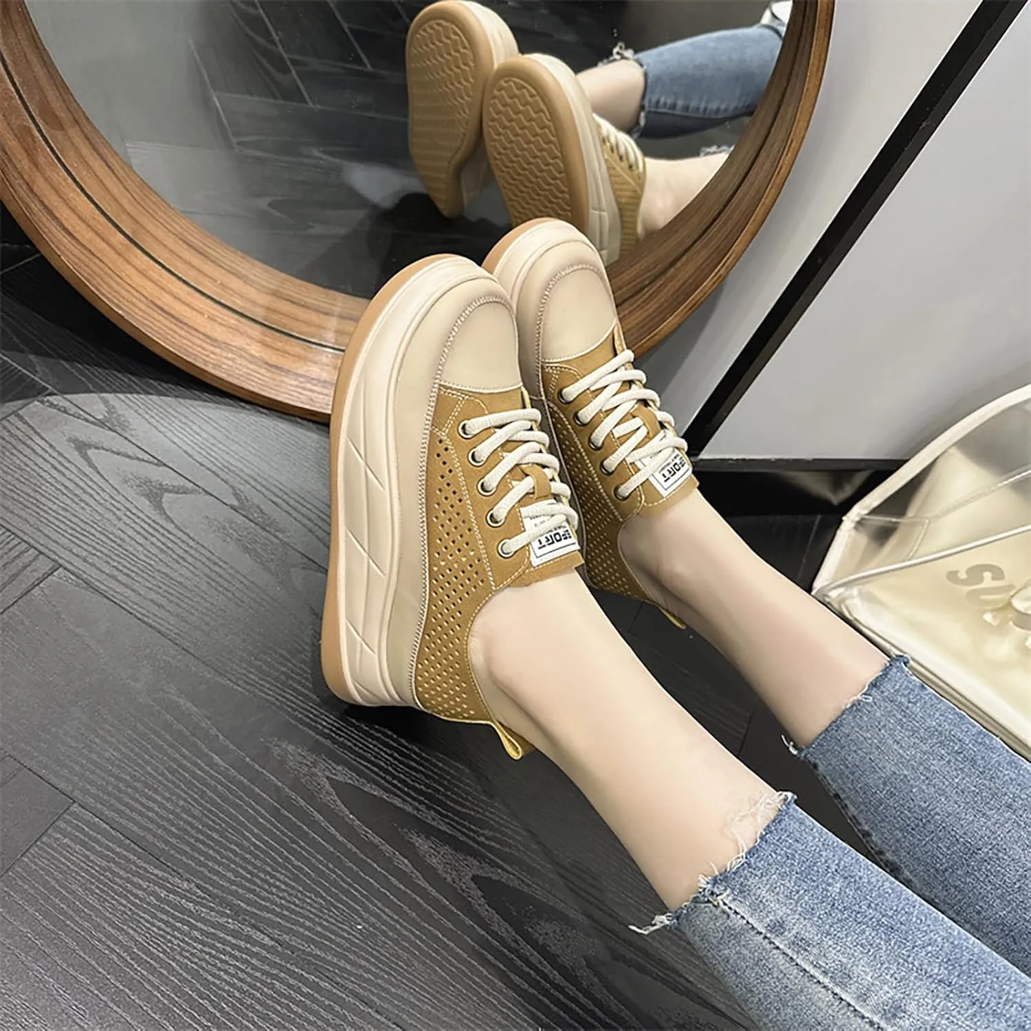 Women'S Genuine Leather Mesh Cutout Lace-Up Thick Sole Sneakers Comfortable Soft Chunky Increase Height Casual Sneakers Fashion Office Non-Slip Work Casual Shoes