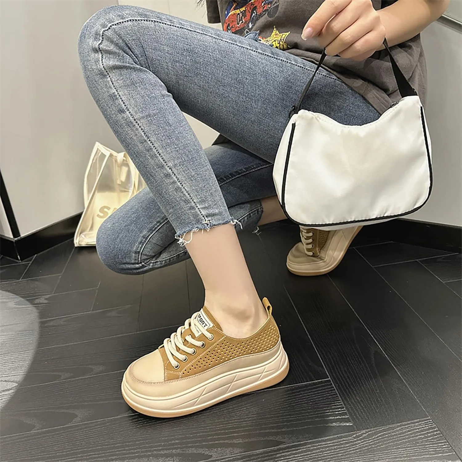 Women'S Genuine Leather Mesh Cutout Lace-Up Thick Sole Sneakers Comfortable Soft Chunky Increase Height Casual Sneakers Fashion Office Non-Slip Work Casual Shoes