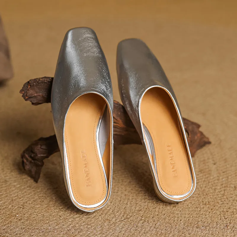 Women's Handmade Leather Minimalist Flat Comfort Mule Shoes