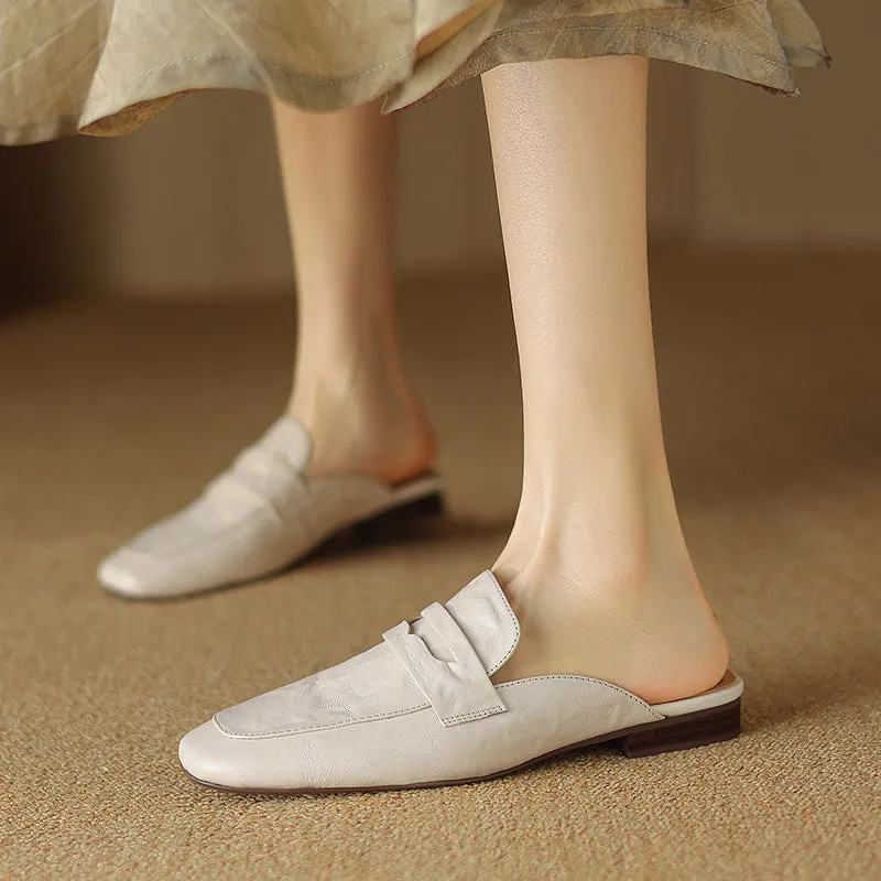 Womens Handmade Vintage Preppy Style Comfort Flat Mule Shoes