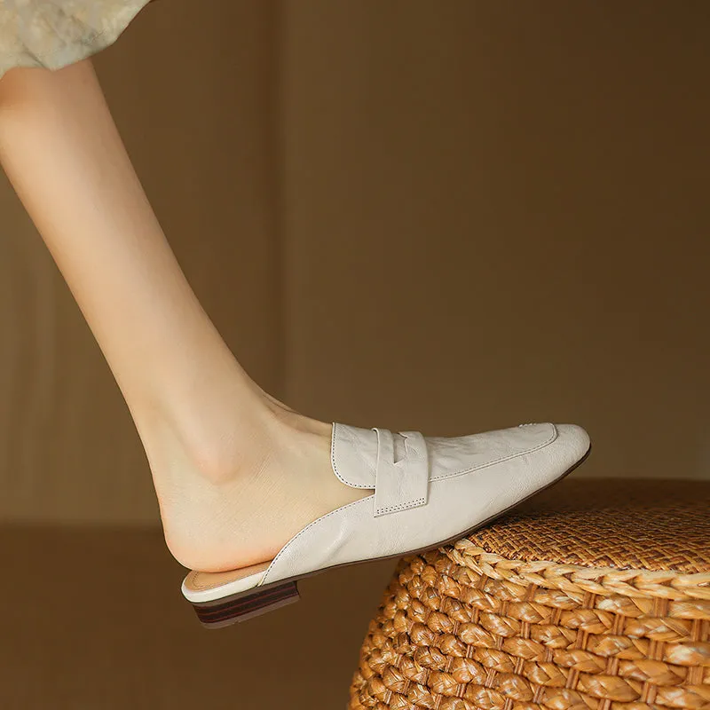 Womens Handmade Vintage Preppy Style Comfort Flat Mule Shoes