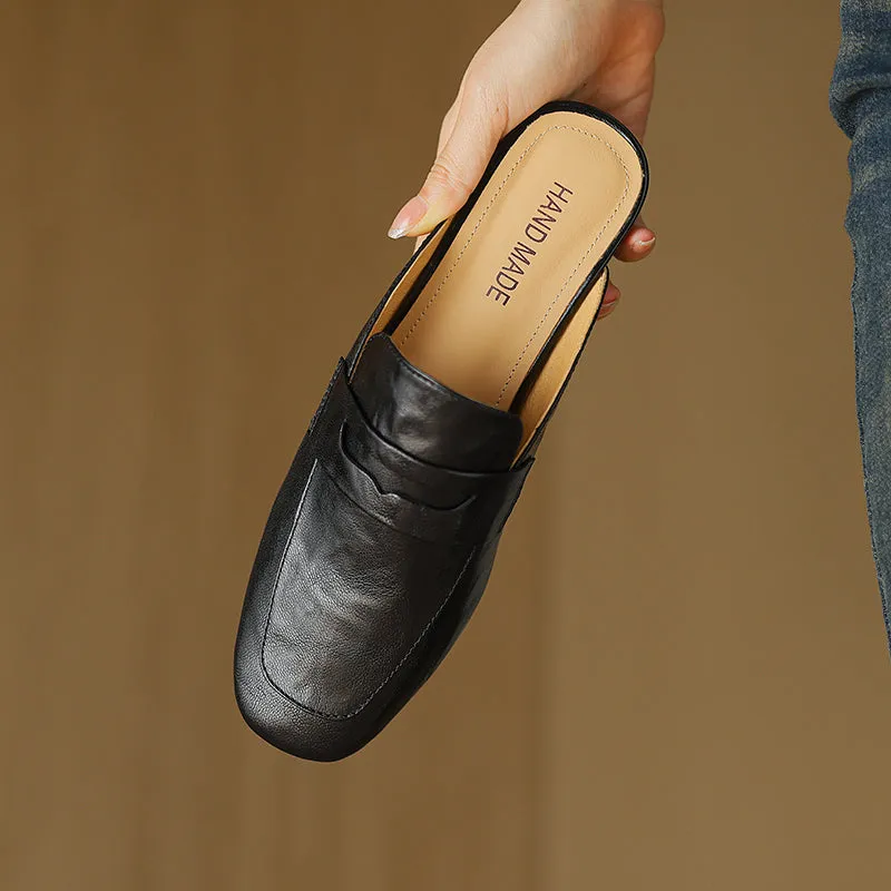 Womens Handmade Vintage Preppy Style Comfort Flat Mule Shoes