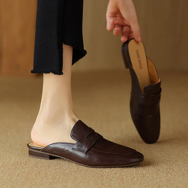 Womens Handmade Vintage Preppy Style Comfort Flat Mule Shoes