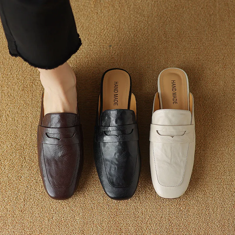 Womens Handmade Vintage Preppy Style Comfort Flat Mule Shoes