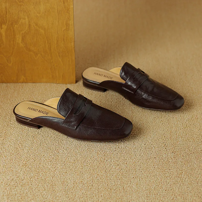 Womens Handmade Vintage Preppy Style Comfort Flat Mule Shoes