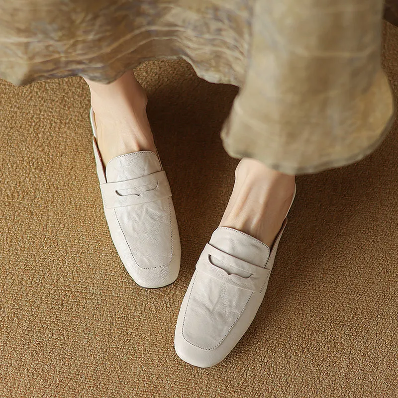 Womens Handmade Vintage Preppy Style Comfort Flat Mule Shoes