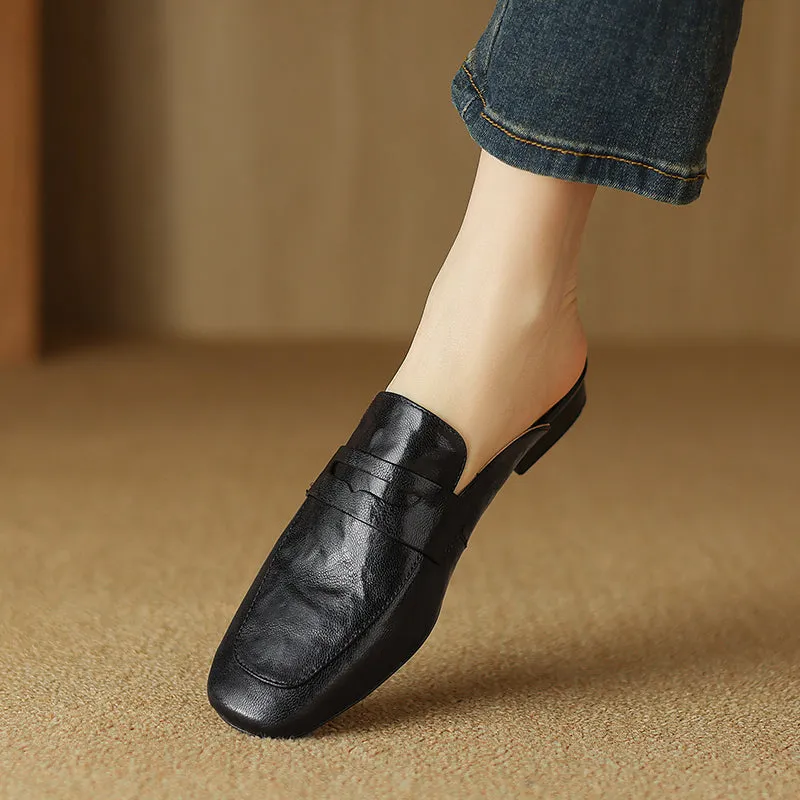 Womens Handmade Vintage Preppy Style Comfort Flat Mule Shoes