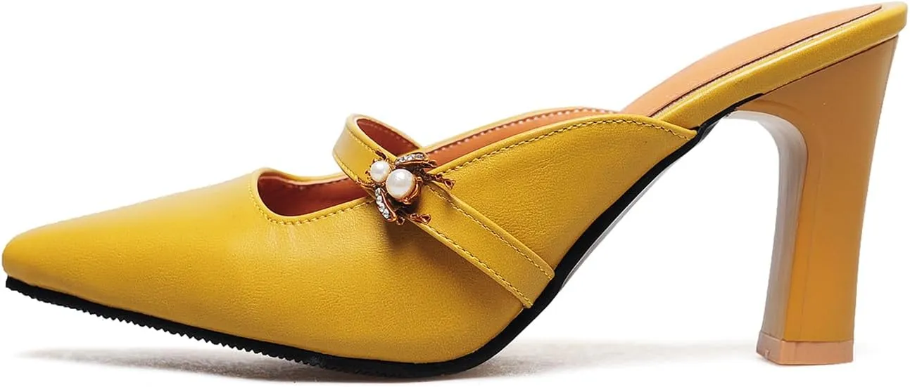 Women’s High Chunky Heels Mules Classic Pointed Toe Slip-on Metallic Bee Pearl Rhinestone Slides Dress Shoes Work Office Casual Business Church Event Dating Anniversary Vacation