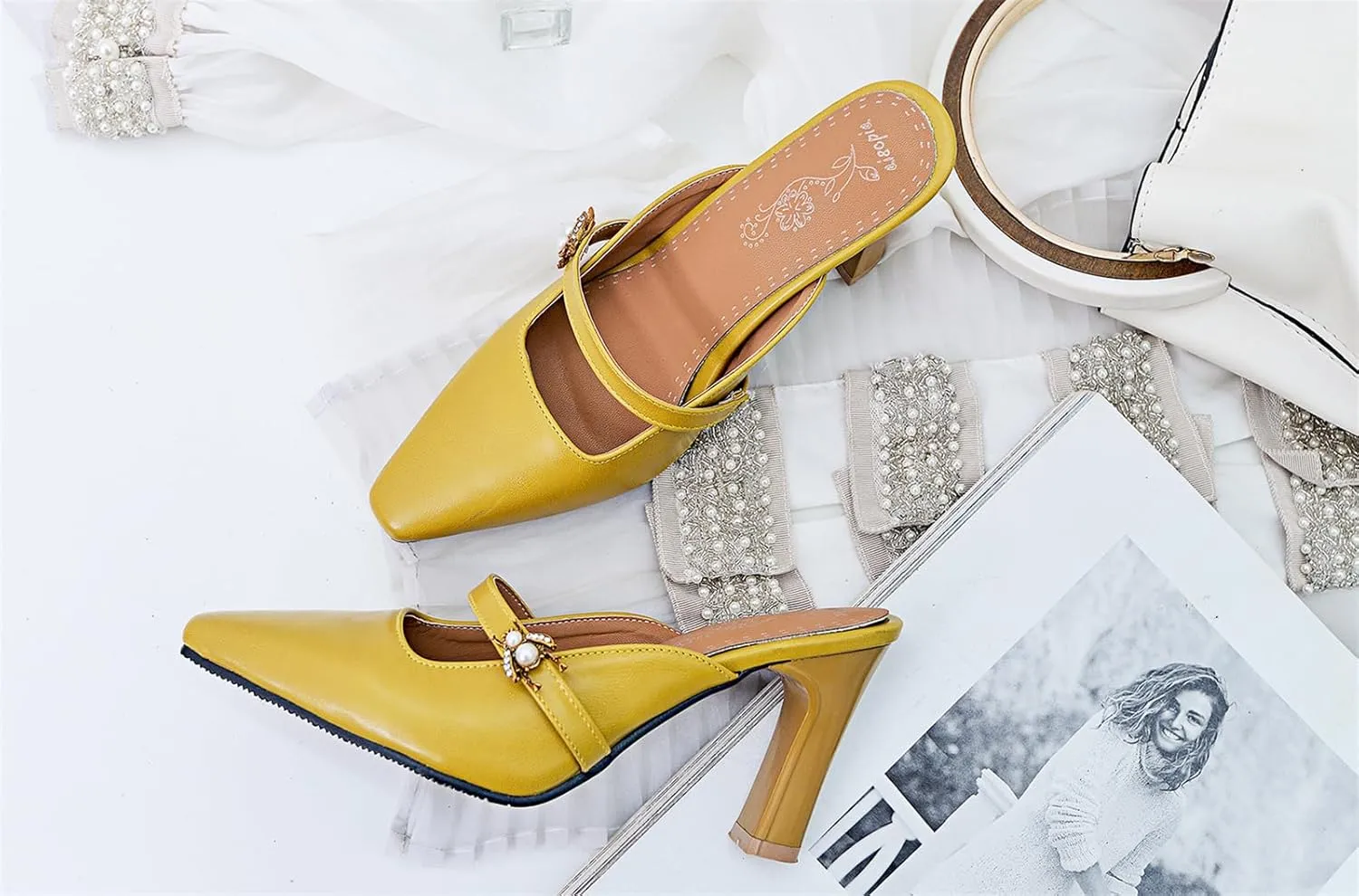 Women’s High Chunky Heels Mules Classic Pointed Toe Slip-on Metallic Bee Pearl Rhinestone Slides Dress Shoes Work Office Casual Business Church Event Dating Anniversary Vacation