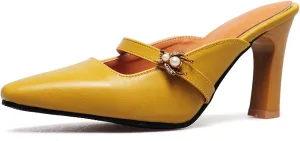 Women’s High Chunky Heels Mules Classic Pointed Toe Slip-on Metallic Bee Pearl Rhinestone Slides Dress Shoes Work Office Casual Business Church Event Dating Anniversary Vacation