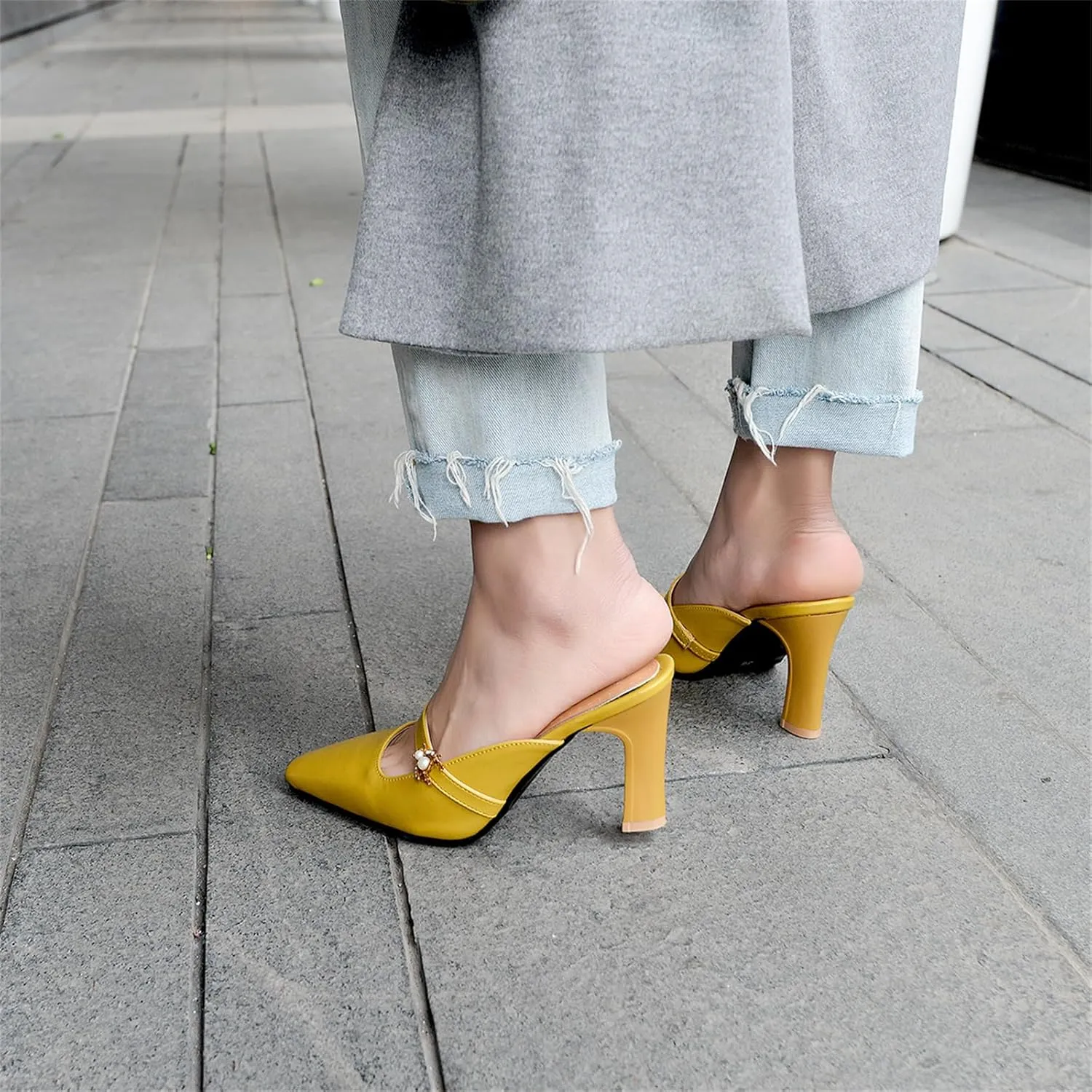 Women’s High Chunky Heels Mules Classic Pointed Toe Slip-on Metallic Bee Pearl Rhinestone Slides Dress Shoes Work Office Casual Business Church Event Dating Anniversary Vacation