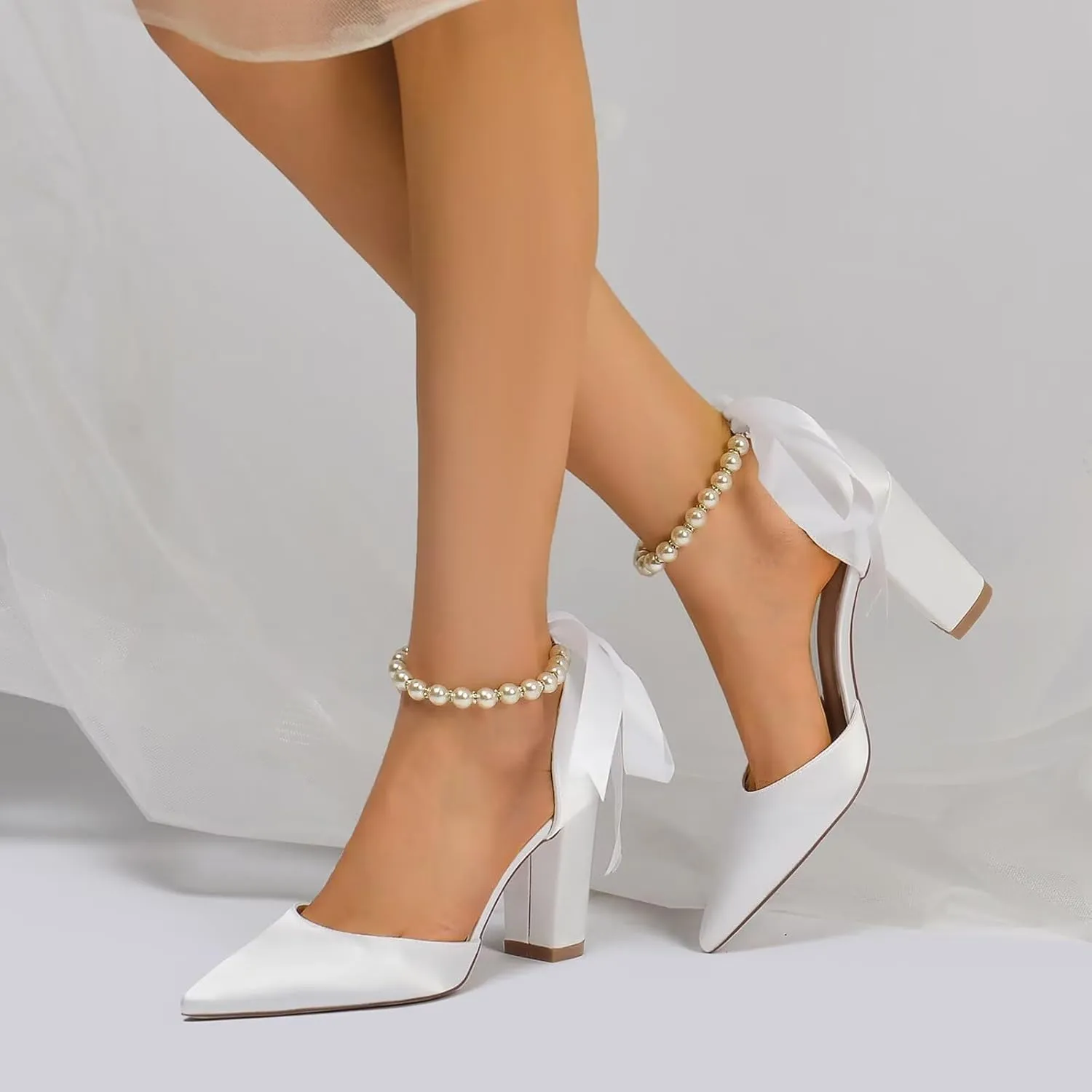 Womens High Heels Pointed Toe Court Shoes Office Formal Work Pumps 3.35 in Block Heel Ankle Strap Sandals Wedding Bridal Shoes