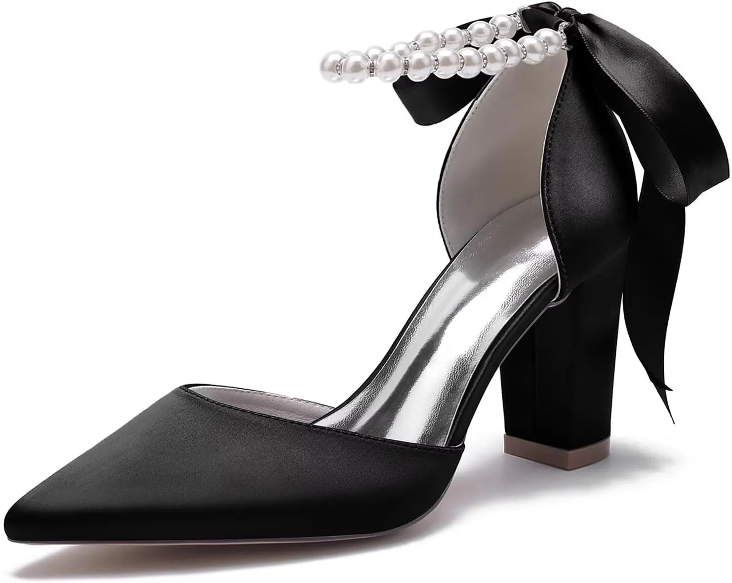 Womens High Heels Pointed Toe Court Shoes Office Formal Work Pumps 3.35 in Block Heel Ankle Strap Sandals Wedding Bridal Shoes