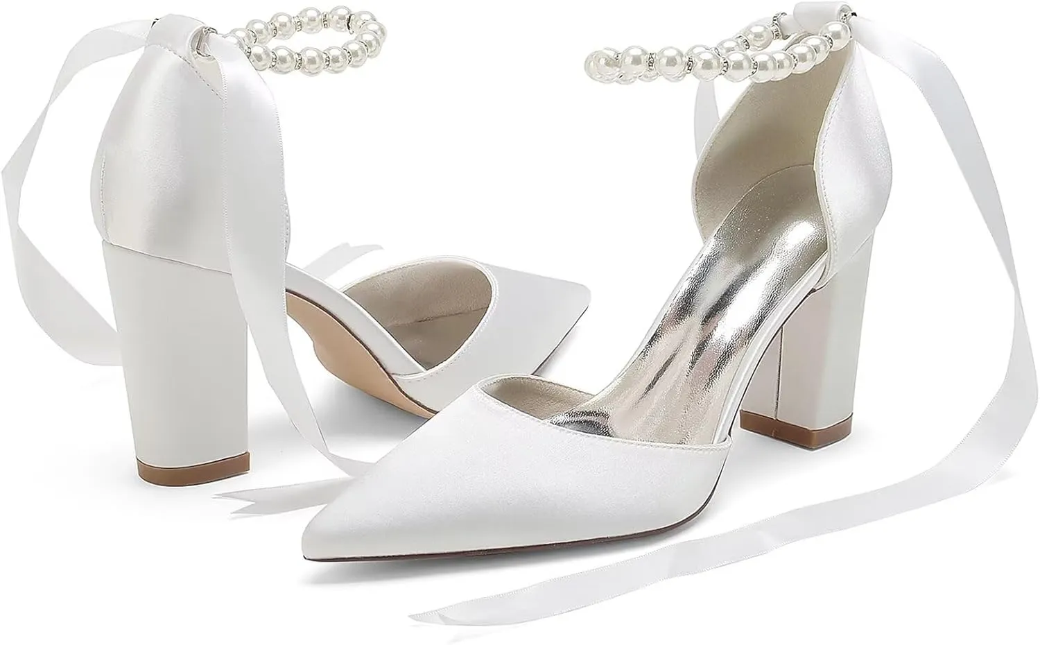 Womens High Heels Pointed Toe Court Shoes Office Formal Work Pumps 3.35 in Block Heel Ankle Strap Sandals Wedding Bridal Shoes