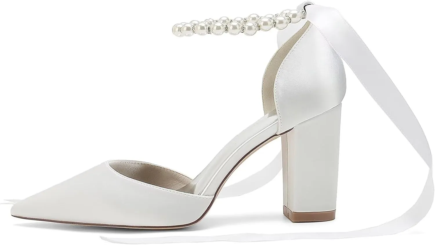 Womens High Heels Pointed Toe Court Shoes Office Formal Work Pumps 3.35 in Block Heel Ankle Strap Sandals Wedding Bridal Shoes