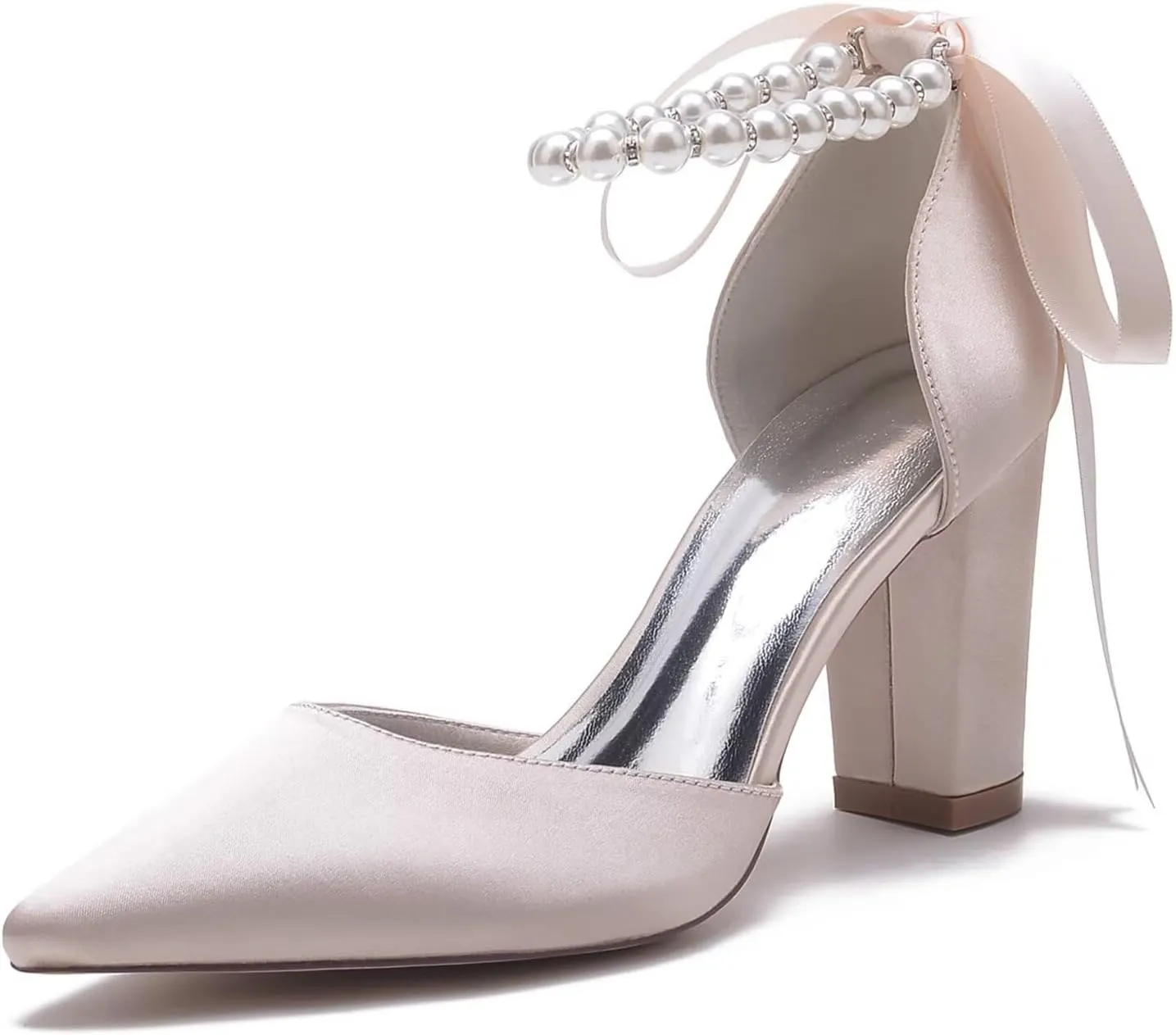 Womens High Heels Pointed Toe Court Shoes Office Formal Work Pumps 3.35 in Block Heel Ankle Strap Sandals Wedding Bridal Shoes