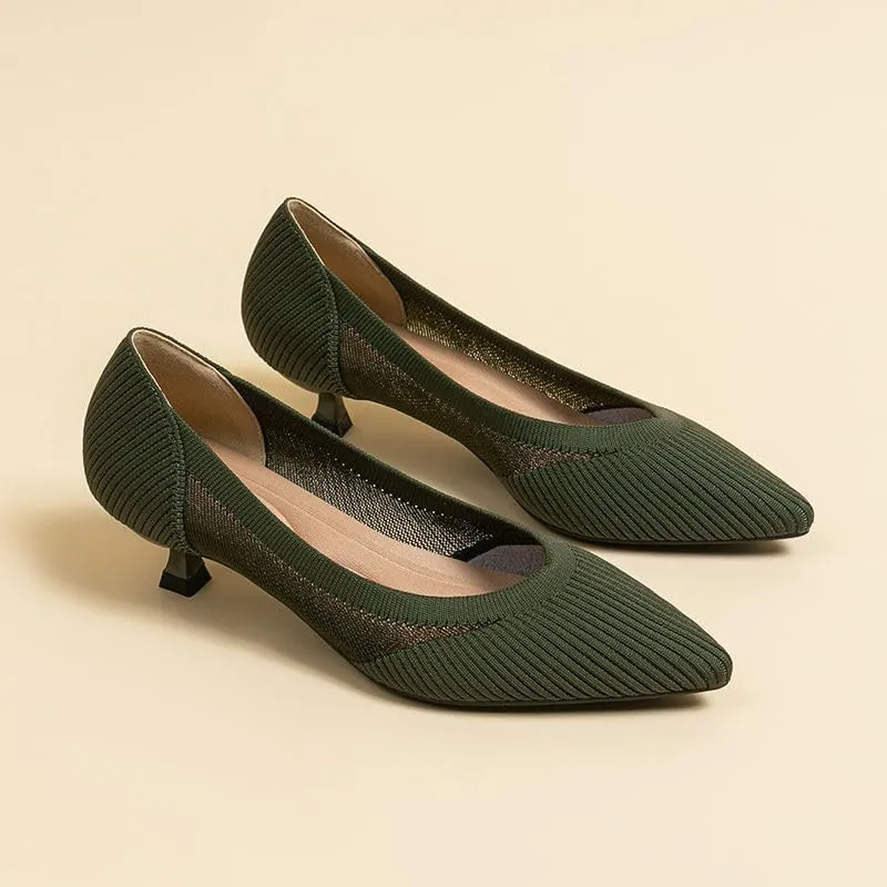 Women's Kitten Heel Pumps Pointed Toe Slip On Knitted Mesh Shoes for Casual Work Office Business Wedding Formal Dress Shoes,Model XTZ1507YS