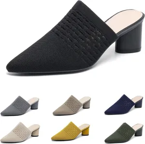 Women’s Knit Mesh Chunky Heel Mules Closed Pointed Toe Backless Slip On Mid Block Heel Dress Slide Sandals Summer Breathable Daily Party Pumps