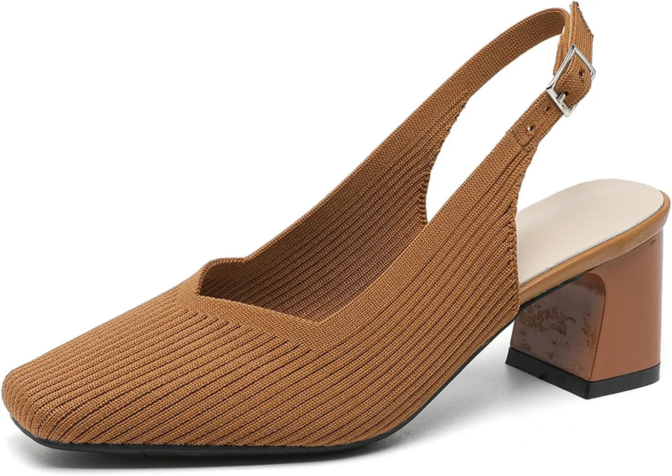 Womens Knit Slingback Low Chunky Block Heel Pumps with Elastic Ankle Strap Comfort Closed Square Toe Block Heel Backless Dress Shoes for Evening Party Bride Wedding