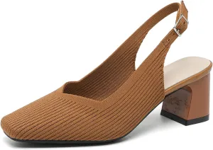 Womens Knit Slingback Low Chunky Block Heel Pumps with Elastic Ankle Strap Comfort Closed Square Toe Block Heel Backless Dress Shoes for Evening Party Bride Wedding