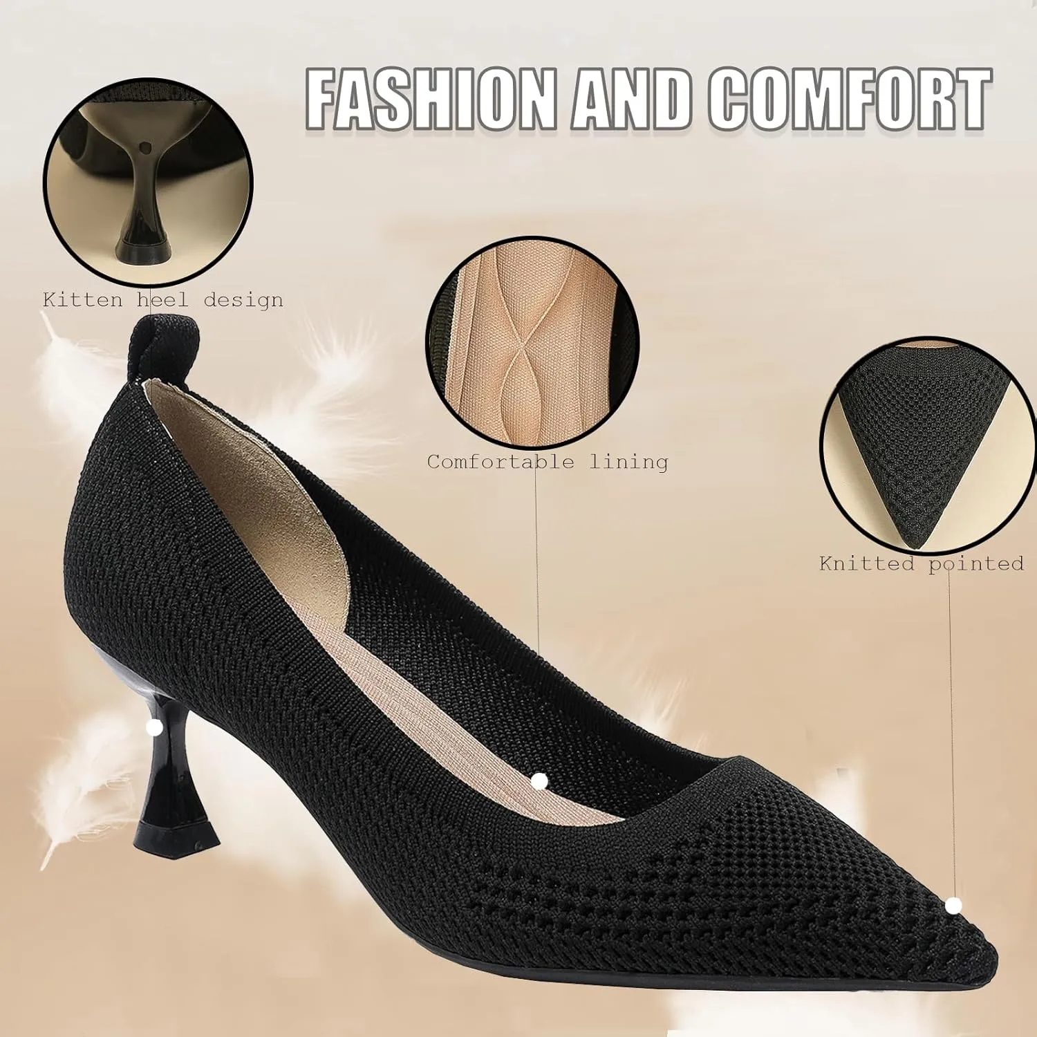 Women's Knitted Kitten Heels Pumps Comfortable Knit Closed Toe Fashion Pointed Toe Dress Wedding High Heels Casual Dress Shoes