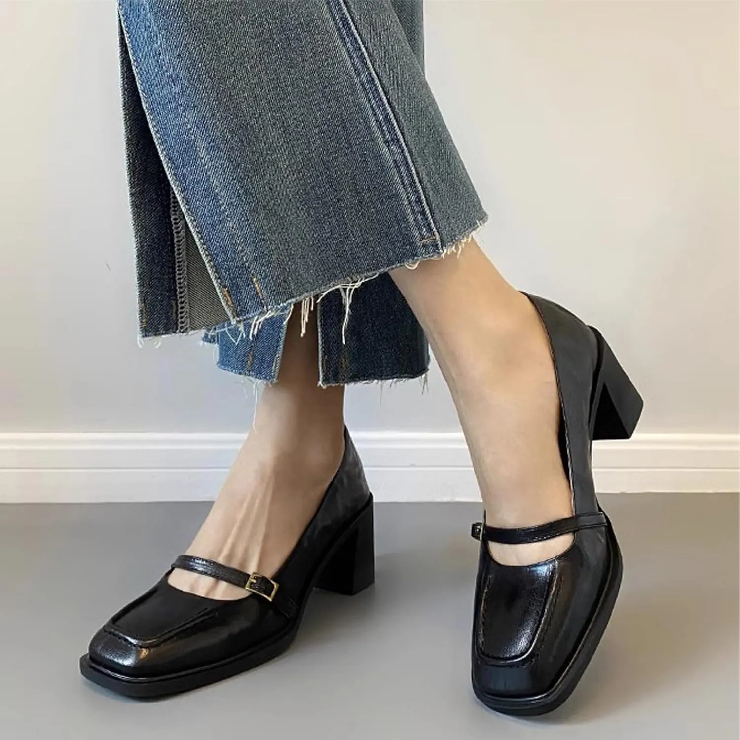 Women's Leather Block Heel Mary Janes Classic Square Toe Buckle Mid Block Heel Pumps for Wedding Party Dress Shoes