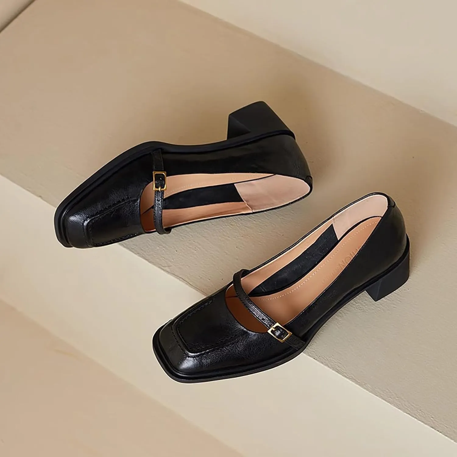 Women's Leather Block Heel Mary Janes Classic Square Toe Buckle Mid Block Heel Pumps for Wedding Party Dress Shoes