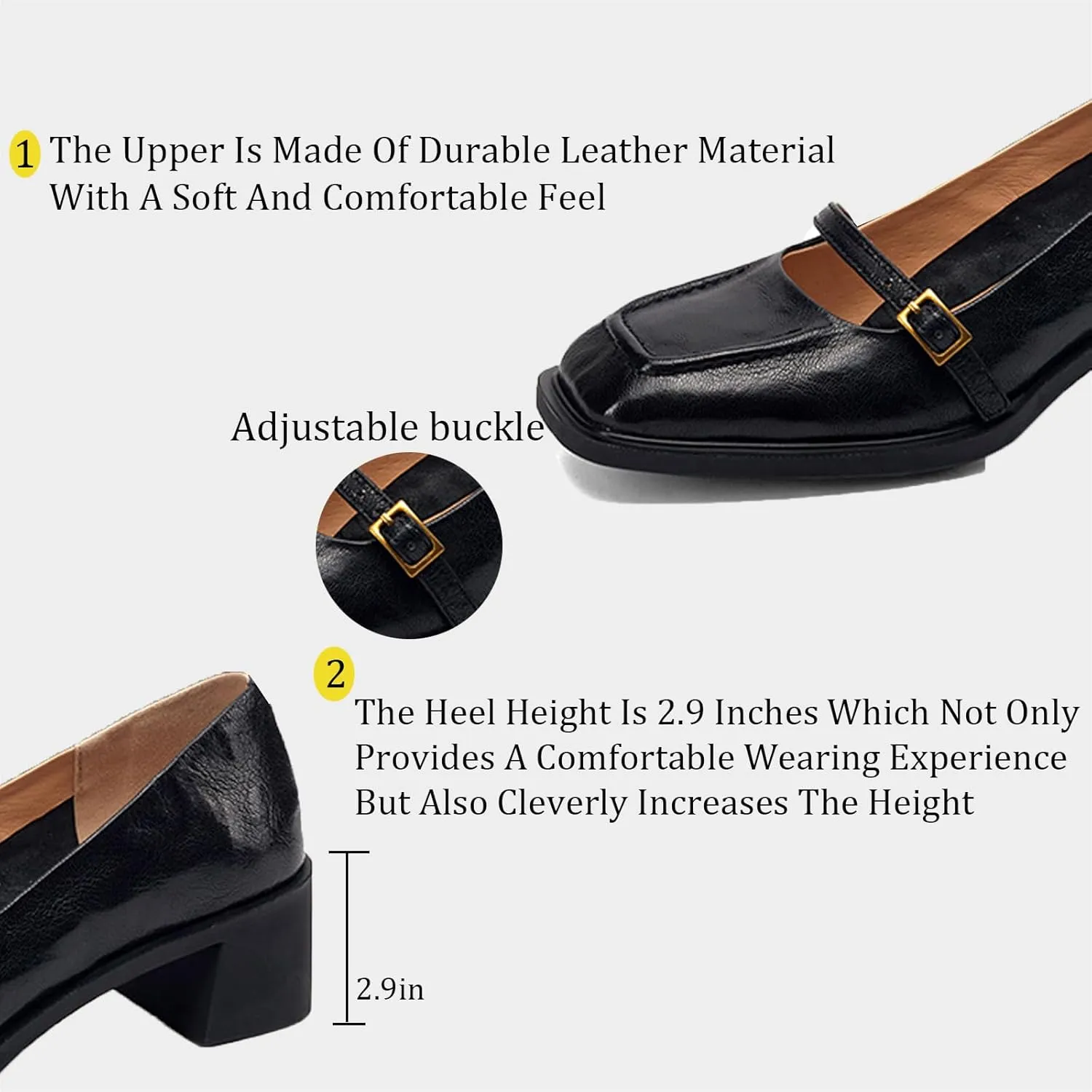 Women's Leather Block Heel Mary Janes Classic Square Toe Buckle Mid Block Heel Pumps for Wedding Party Dress Shoes