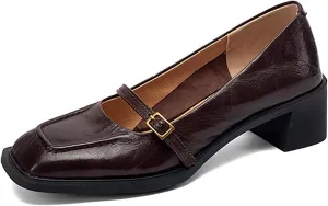 Women's Leather Block Heel Mary Janes Classic Square Toe Buckle Mid Block Heel Pumps for Wedding Party Dress Shoes