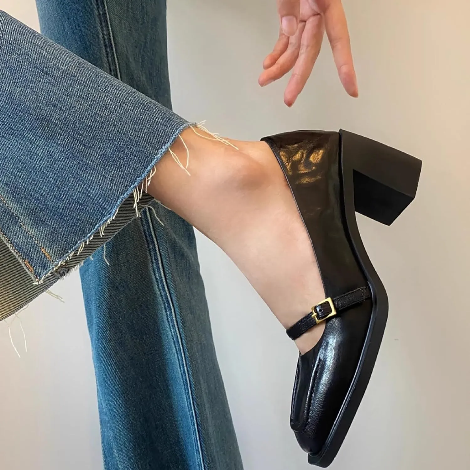 Women's Leather Block Heel Mary Janes Classic Square Toe Buckle Mid Block Heel Pumps for Wedding Party Dress Shoes