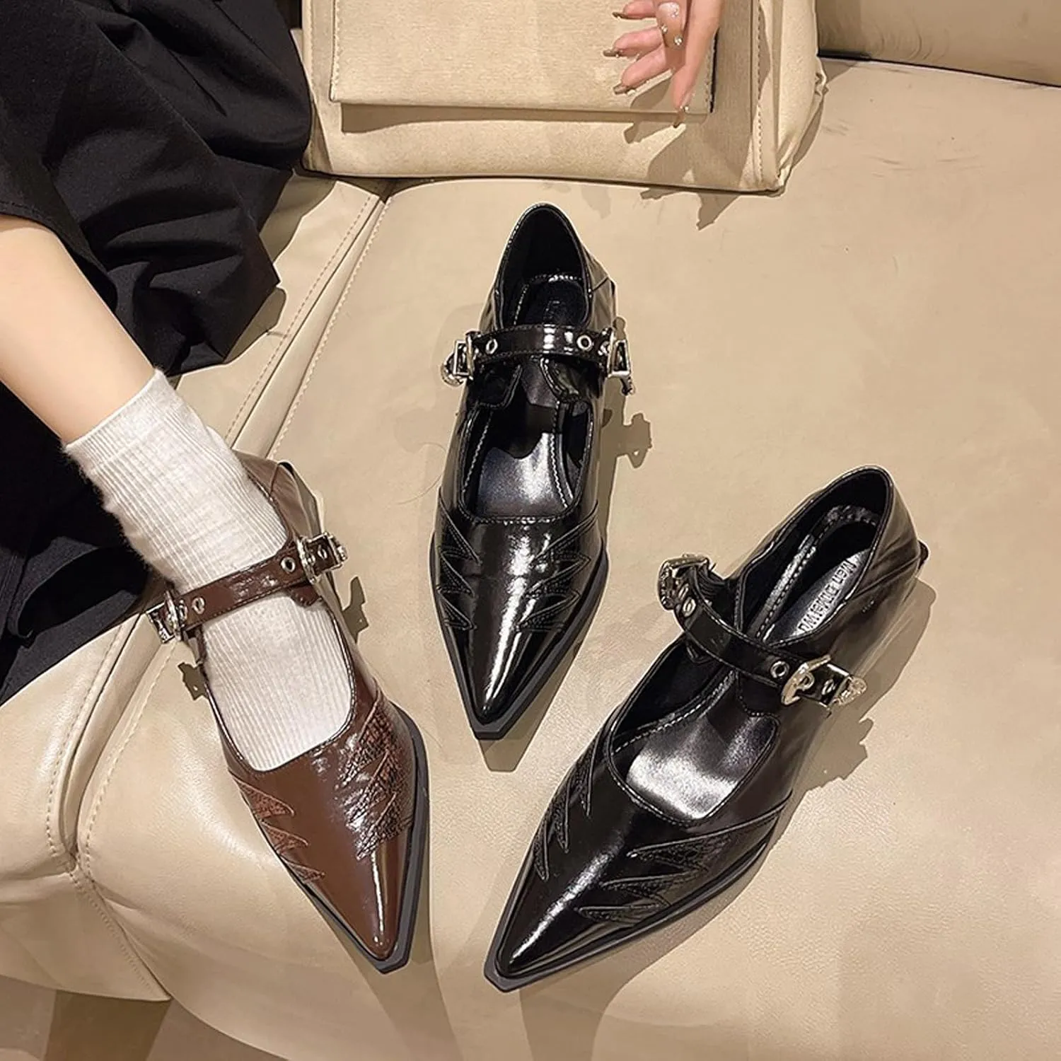 Women's Leather Pointed Toe Baroque Pumps Shoes Adjustable Buckle Mary Jane Pumps Fashion Leisure Wedding Party Dress Low Block Heel Shoes