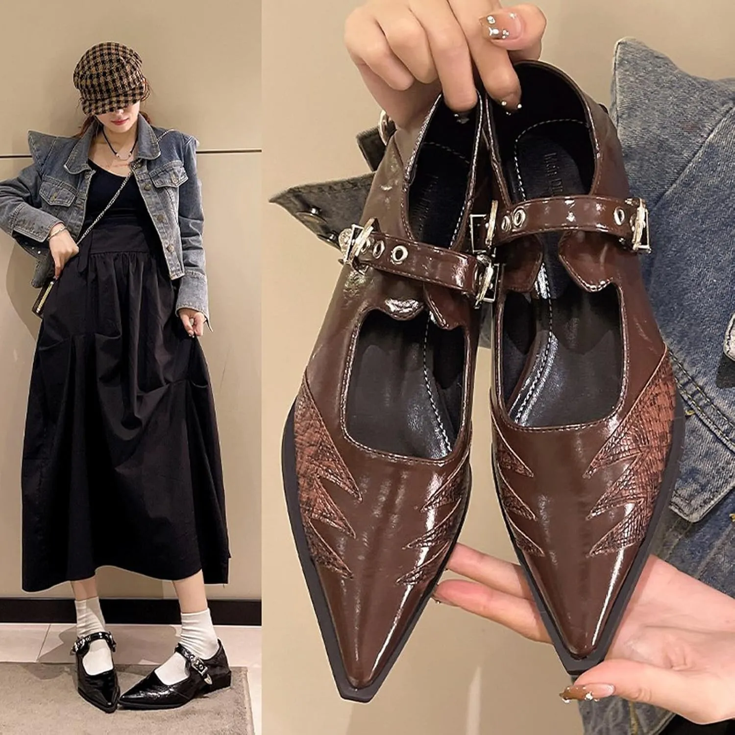 Women's Leather Pointed Toe Baroque Pumps Shoes Adjustable Buckle Mary Jane Pumps Fashion Leisure Wedding Party Dress Low Block Heel Shoes