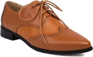 Women's Leather Pointed Toe Wingtip Low Heel Brogue Oxfords VintagePrint Non-Slip Lace-up Casual Business Work Flat Formal Shoes