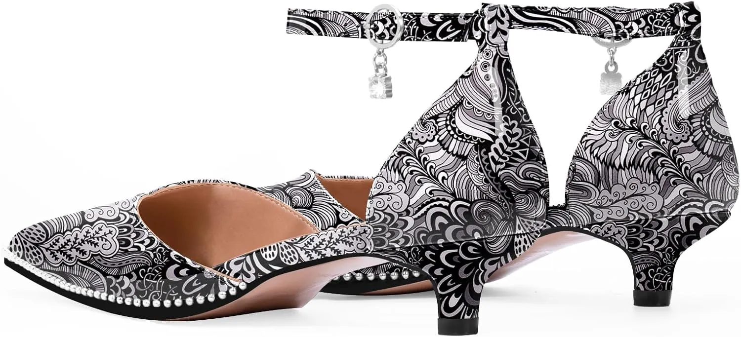 Women's Low Kitten Heel Pointed Toe Pumps Ankle Strap Patent Leather Prom Wedding Dress Shoes