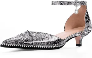 Women's Low Kitten Heel Pointed Toe Pumps Ankle Strap Patent Leather Prom Wedding Dress Shoes