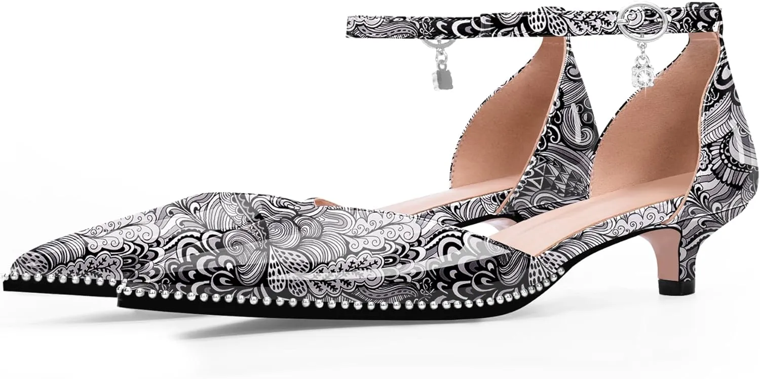 Women's Low Kitten Heel Pointed Toe Pumps Ankle Strap Patent Leather Prom Wedding Dress Shoes