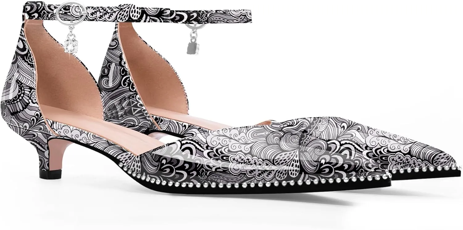 Women's Low Kitten Heel Pointed Toe Pumps Ankle Strap Patent Leather Prom Wedding Dress Shoes