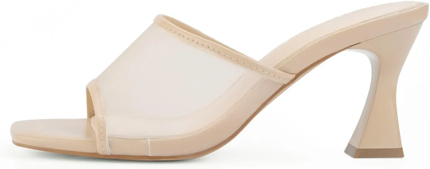 Women's Mule Heels Chunky Kitten Heeled Sandals Mesh Slip On Square Toe Comfortable Casual Dress Pumps Shoes