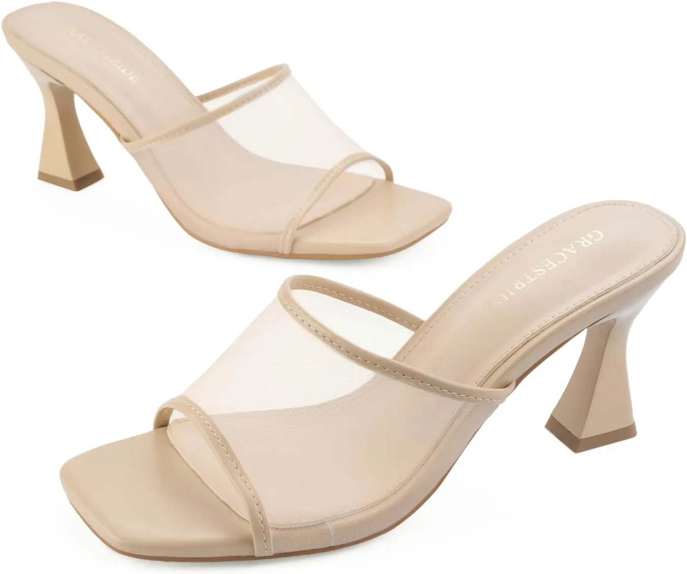 Women's Mule Heels Chunky Kitten Heeled Sandals Mesh Slip On Square Toe Comfortable Casual Dress Pumps Shoes