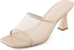 Women's Mule Heels Chunky Kitten Heeled Sandals Mesh Slip On Square Toe Comfortable Casual Dress Pumps Shoes