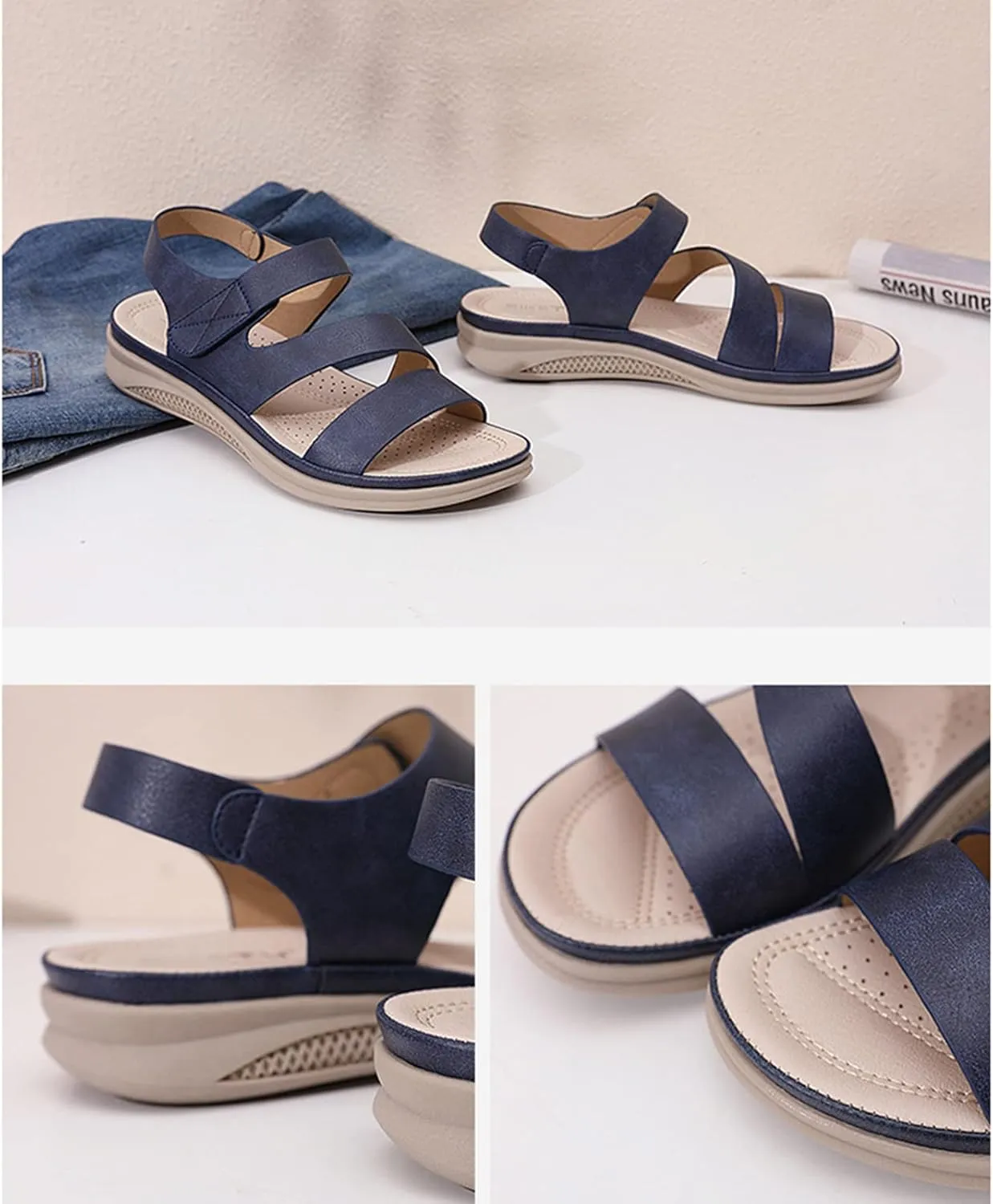 Womens Orthopedic Wedge Sandals Comfortable Slip on Platform Sandals, Summer Two Bands Open Toe Walking Wedges Casual Hollow Out Buckle Breathable Shoes