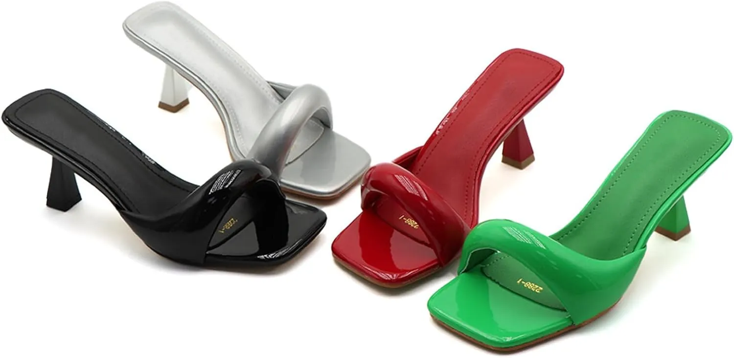 Women's Patent Leather One-Strap Low-Heeled Slip-On Fashion Sandals Sexy Square Open Toe Comfortable Mid-Heel Non-Slip Party Wedding Formal Mules