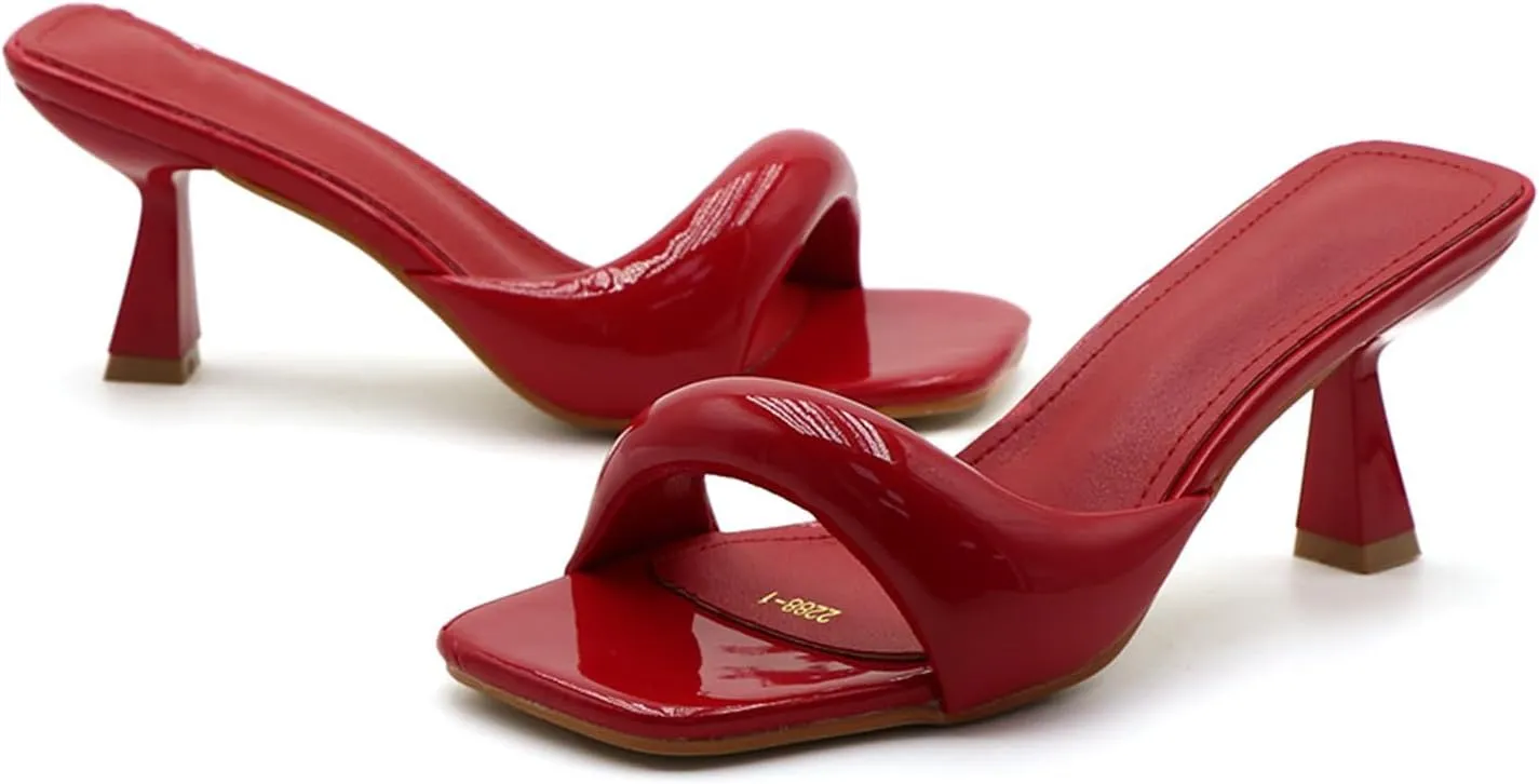 Women's Patent Leather One-Strap Low-Heeled Slip-On Fashion Sandals Sexy Square Open Toe Comfortable Mid-Heel Non-Slip Party Wedding Formal Mules