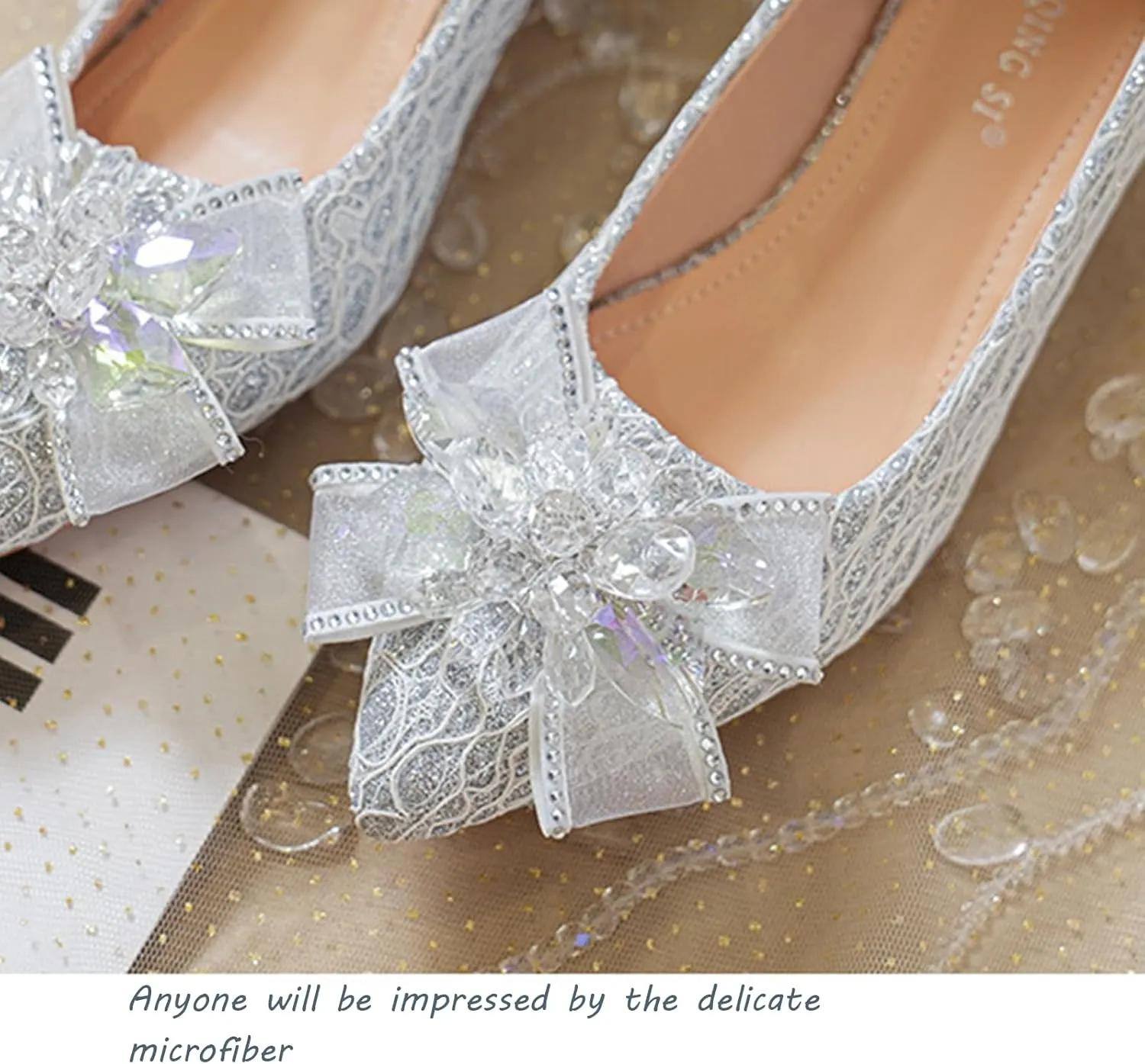 Women's Pointed Toe Rhinestone Bow Silk Low Heel Pumps Luxurious Crystal Comfortable Block Heel Slip-On Wedding Formal Work Shoes