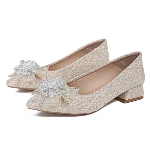 Women's Pointed Toe Rhinestone Bow Silk Low Heel Pumps Luxurious Crystal Comfortable Block Heel Slip-On Wedding Formal Work Shoes